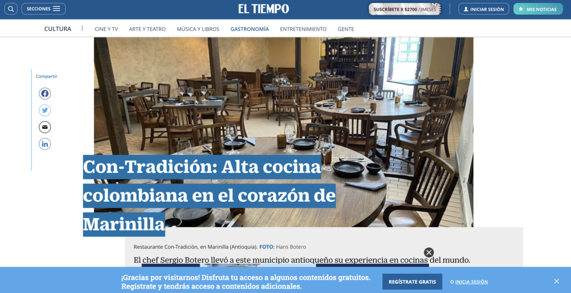 Alta concina Colombiana en el corazón de Marinilla. (ARTICULO EL TIEMPO)